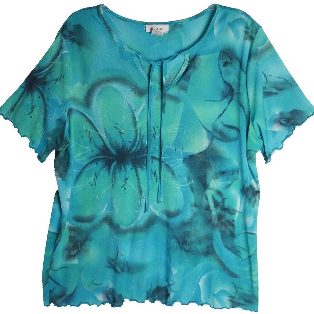 Avenue Womens Size 18/20 (1X) Blue Floral Print V Neck Ruffled Ends